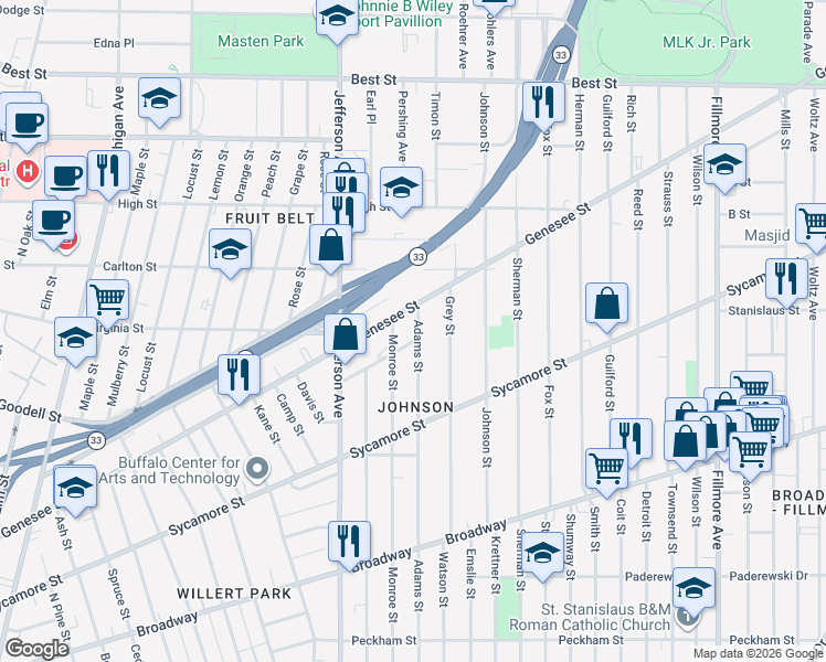 map of restaurants, bars, coffee shops, grocery stores, and more near 610 Adams Street in Buffalo