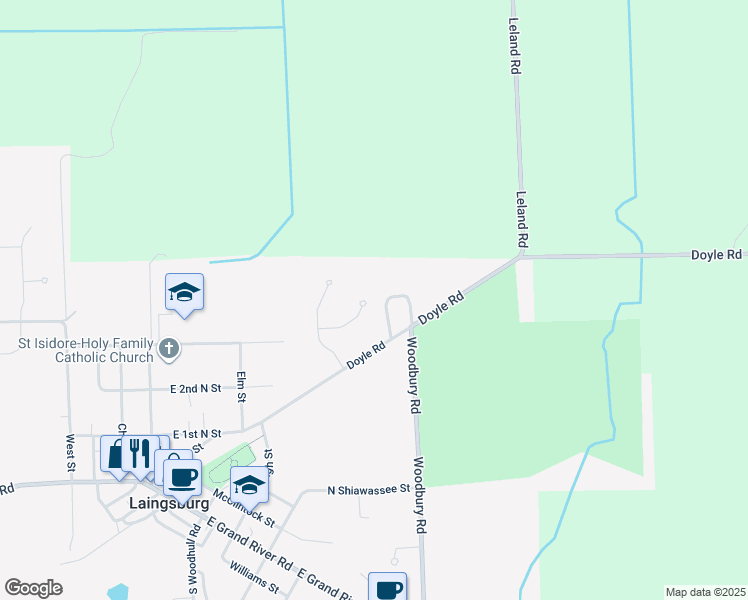 map of restaurants, bars, coffee shops, grocery stores, and more near 614 Camrose Court in Laingsburg
