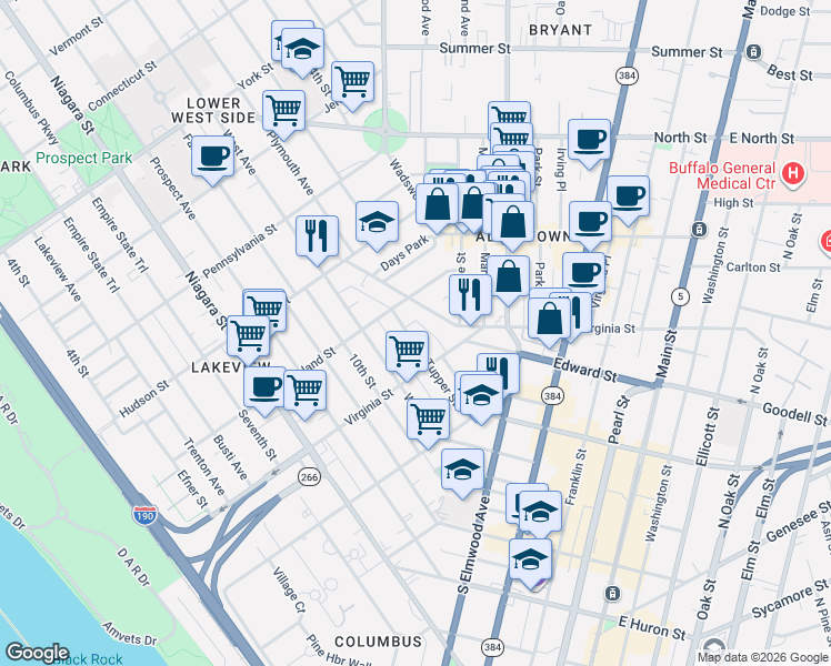 map of restaurants, bars, coffee shops, grocery stores, and more near 283 West Tupper Street in Buffalo