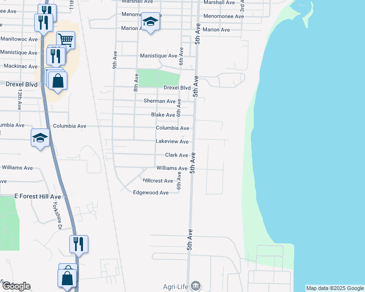 map of restaurants, bars, coffee shops, grocery stores, and more near 520 Lakeview Avenue in South Milwaukee
