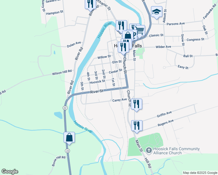 map of restaurants, bars, coffee shops, grocery stores, and more near 9-11 2nd Street in Hoosick Falls