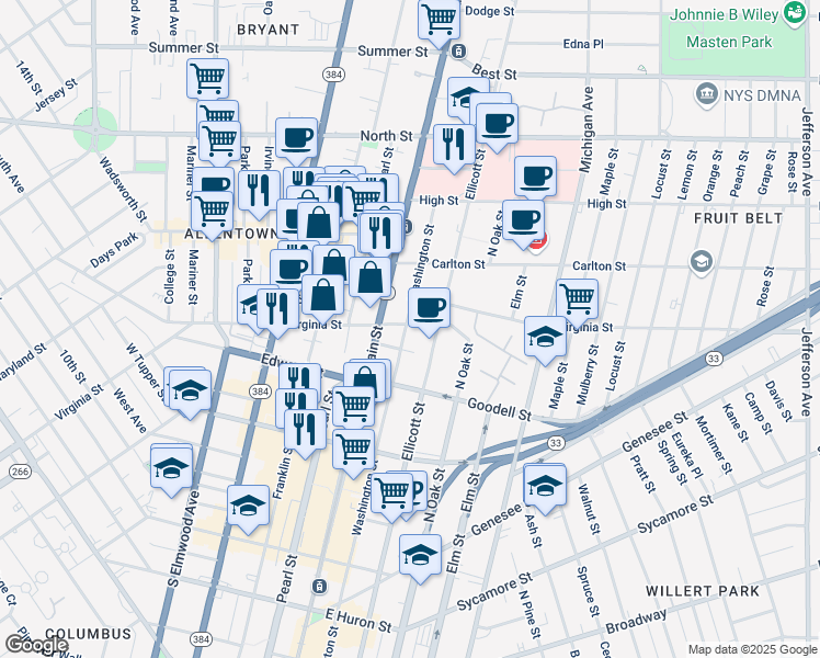 map of restaurants, bars, coffee shops, grocery stores, and more near 847 Main Street in Buffalo