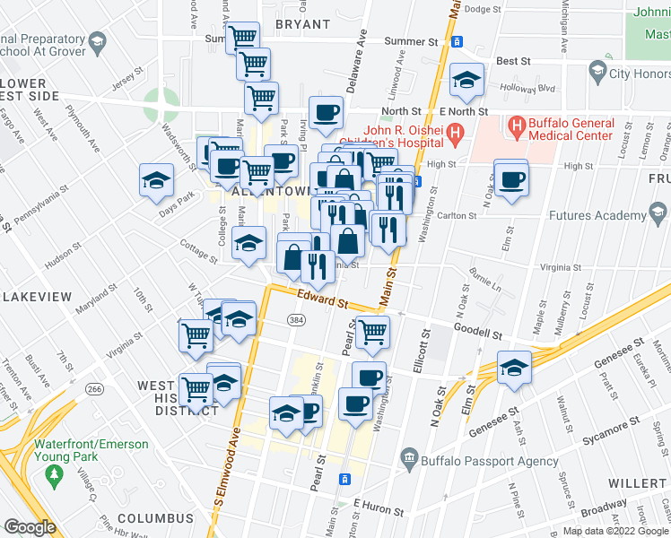 map of restaurants, bars, coffee shops, grocery stores, and more near 421 Franklin Street in Buffalo