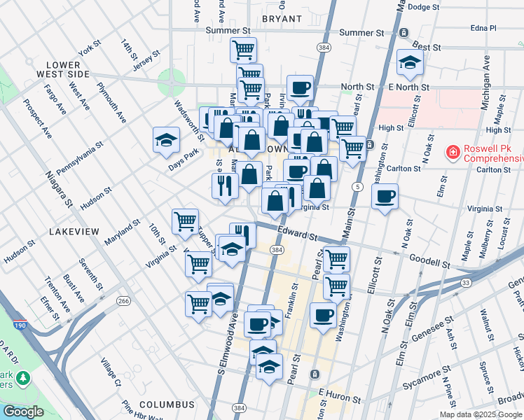 map of restaurants, bars, coffee shops, grocery stores, and more near 422 Virginia Street in Buffalo