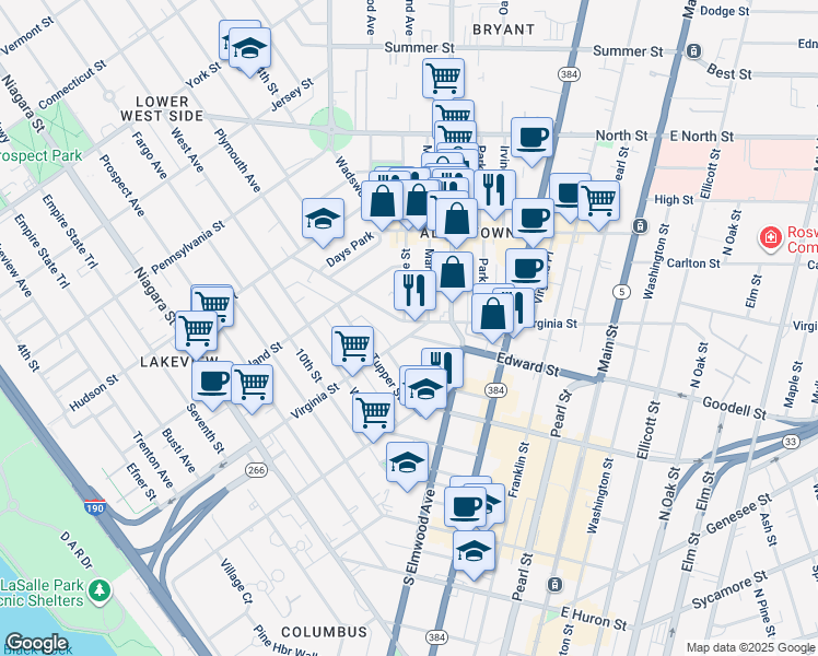 map of restaurants, bars, coffee shops, grocery stores, and more near 29 Cottage Street in Buffalo