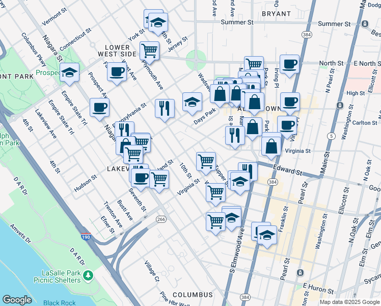 map of restaurants, bars, coffee shops, grocery stores, and more near 305 Maryland Street in Buffalo
