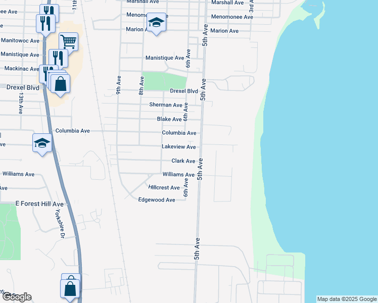 map of restaurants, bars, coffee shops, grocery stores, and more near 520 Lakeview Avenue in South Milwaukee