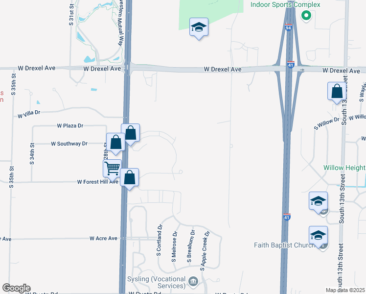 map of restaurants, bars, coffee shops, grocery stores, and more near 8100 South Orchard Way in Oak Creek