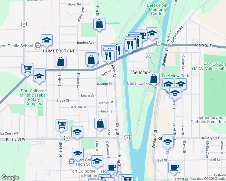map of restaurants, bars, coffee shops, grocery stores, and more near 730 King Street in Port Colborne