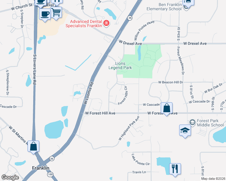 map of restaurants, bars, coffee shops, grocery stores, and more near 8050 South Legend Drive in Franklin