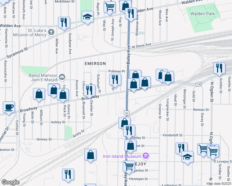 map of restaurants, bars, coffee shops, grocery stores, and more near Broadway & North Central Avenue in Buffalo