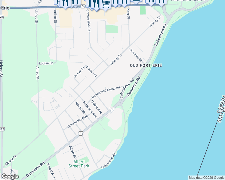 map of restaurants, bars, coffee shops, grocery stores, and more near 94 Drummond Crescent in Fort Erie