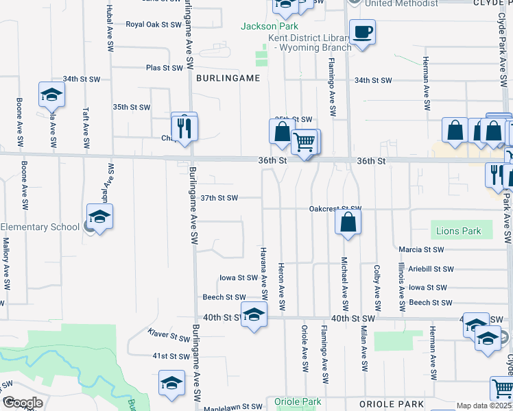 map of restaurants, bars, coffee shops, grocery stores, and more near 3649 Havana Avenue Southwest in Wyoming