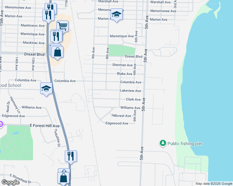map of restaurants, bars, coffee shops, grocery stores, and more near 715 Lakeview Avenue in South Milwaukee