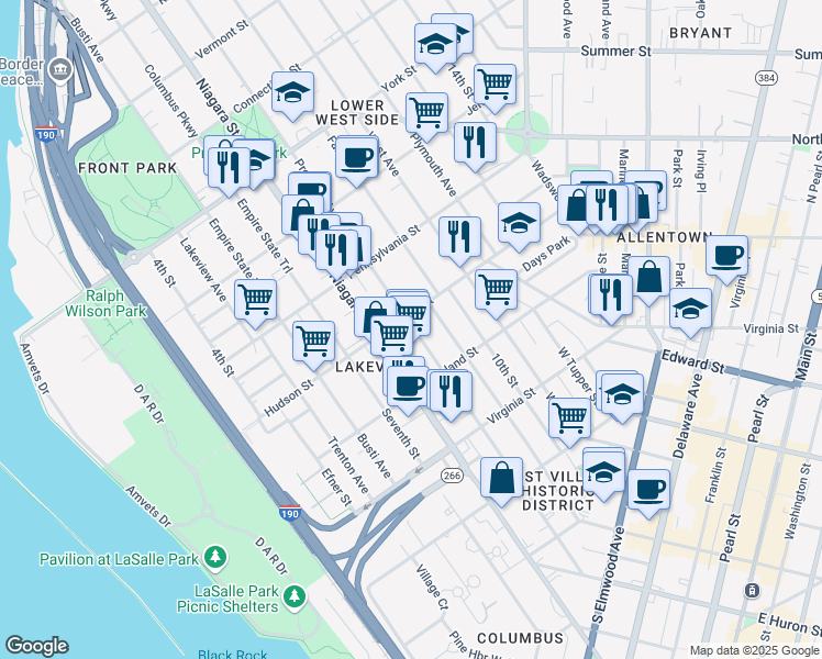 map of restaurants, bars, coffee shops, grocery stores, and more near in Buffalo