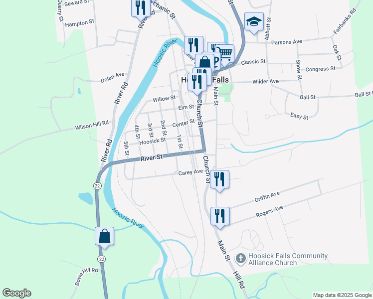 map of restaurants, bars, coffee shops, grocery stores, and more near 9 River St in Hoosick Falls