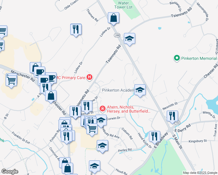 map of restaurants, bars, coffee shops, grocery stores, and more near 9 Tsienneto Road in Derry
