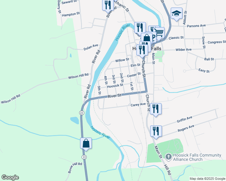 map of restaurants, bars, coffee shops, grocery stores, and more near 7 3rd Street in Hoosick Falls