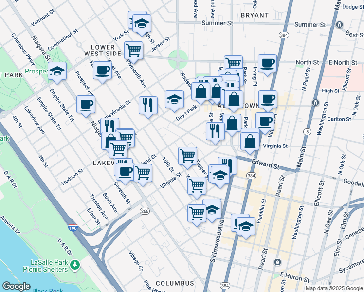 map of restaurants, bars, coffee shops, grocery stores, and more near 305 Maryland Street in Buffalo