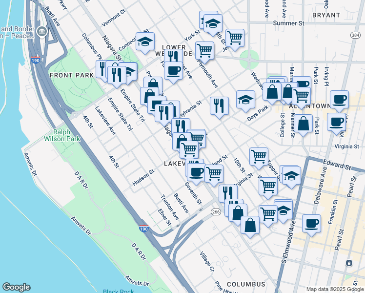 map of restaurants, bars, coffee shops, grocery stores, and more near 471 Niagara Street in Buffalo