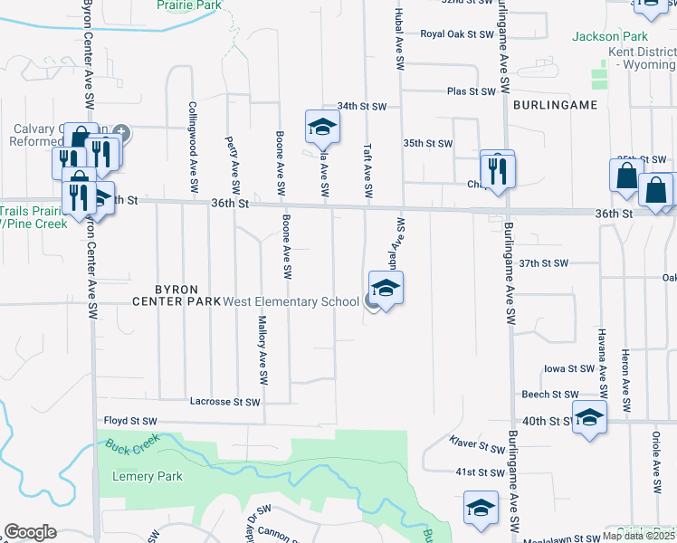 map of restaurants, bars, coffee shops, grocery stores, and more near 3718 Groveland Avenue Southwest in Wyoming