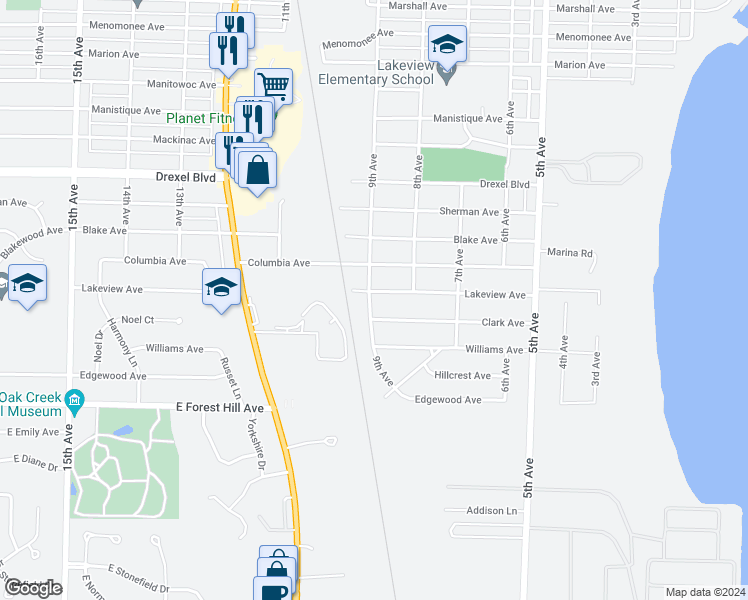 map of restaurants, bars, coffee shops, grocery stores, and more near 3502 9th Avenue in South Milwaukee