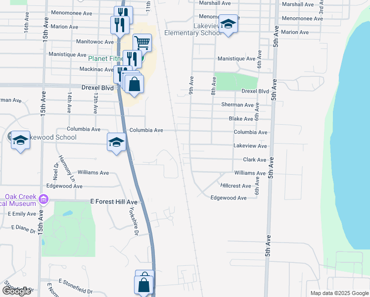 map of restaurants, bars, coffee shops, grocery stores, and more near 3502 9th Avenue in South Milwaukee