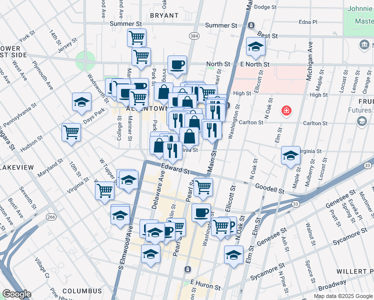 map of restaurants, bars, coffee shops, grocery stores, and more near Virginia St & Franklin St in Buffalo
