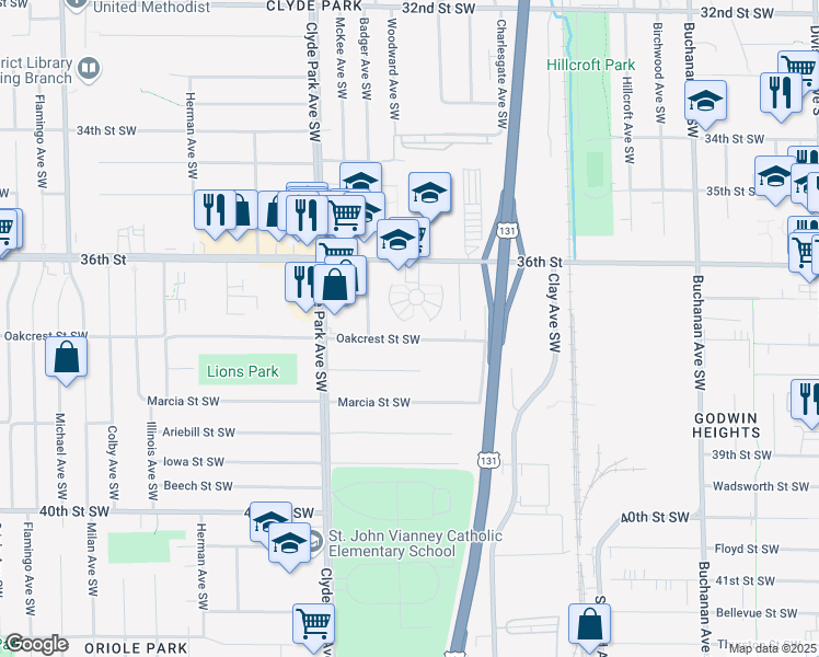 map of restaurants, bars, coffee shops, grocery stores, and more near 643 Oakcrest Street Southwest in Wyoming