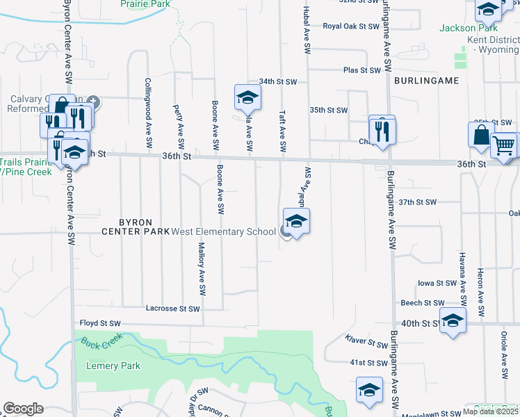 map of restaurants, bars, coffee shops, grocery stores, and more near 3718 Groveland Avenue Southwest in Wyoming