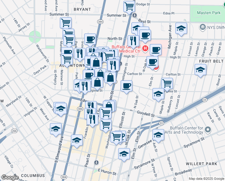 map of restaurants, bars, coffee shops, grocery stores, and more near Main Street & Virginia Street in Buffalo
