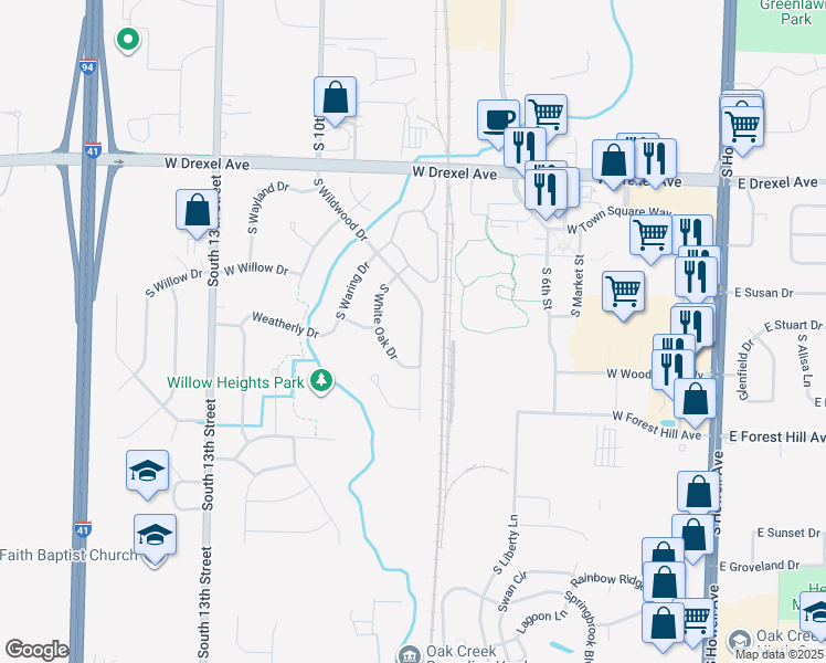 map of restaurants, bars, coffee shops, grocery stores, and more near 8149 South Wildwood Drive in Oak Creek