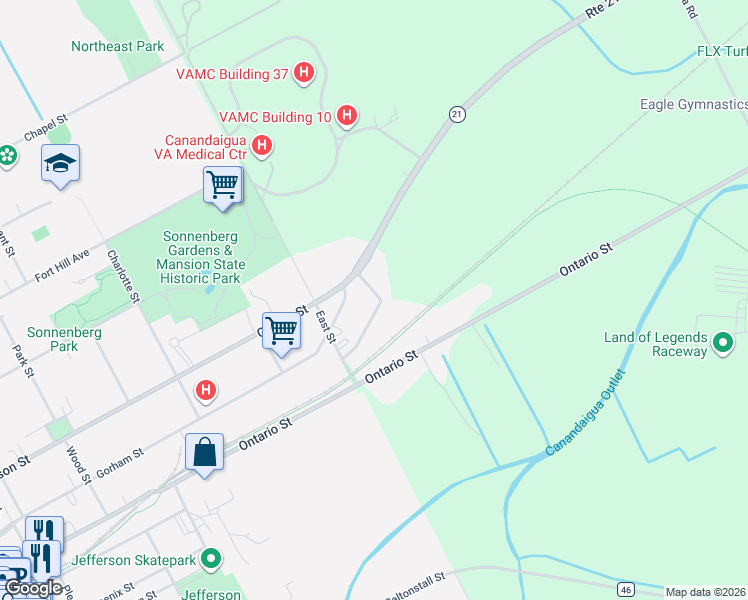 map of restaurants, bars, coffee shops, grocery stores, and more near 4704 Grandview Park in Canandaigua