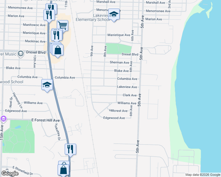 map of restaurants, bars, coffee shops, grocery stores, and more near 715 Lakeview Avenue in South Milwaukee