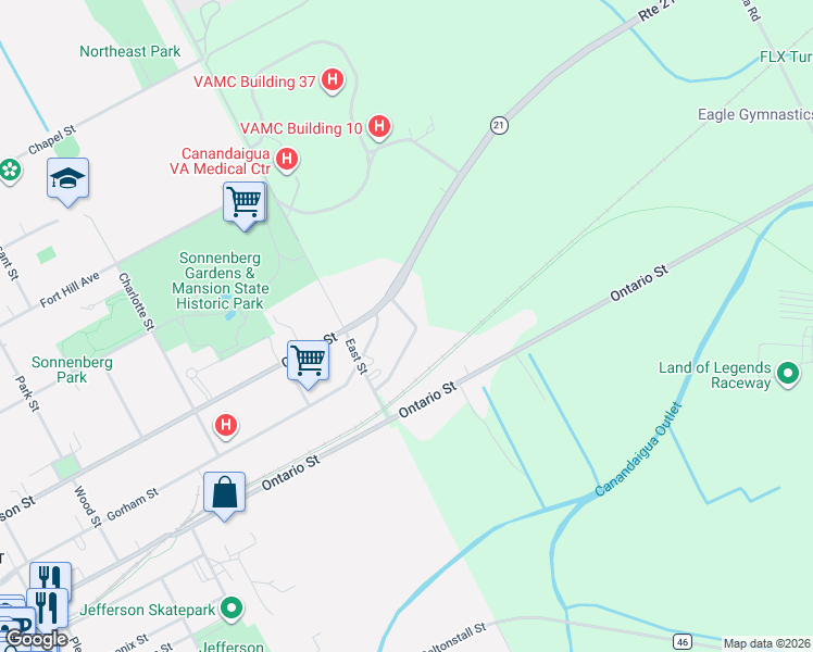 map of restaurants, bars, coffee shops, grocery stores, and more near 4704 Grandview Park in Canandaigua
