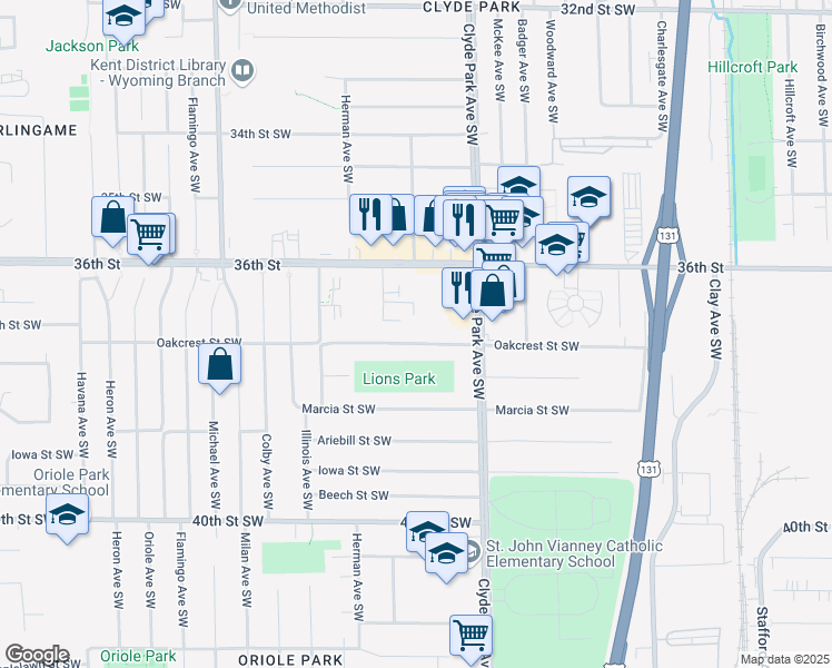 map of restaurants, bars, coffee shops, grocery stores, and more near 893 Oakcrest Street Southwest in Wyoming