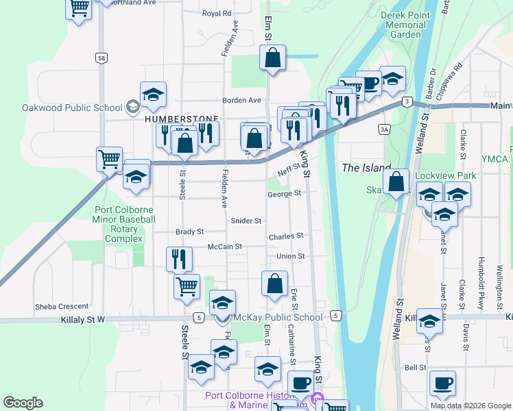map of restaurants, bars, coffee shops, grocery stores, and more near 690 Elm Street in Port Colborne