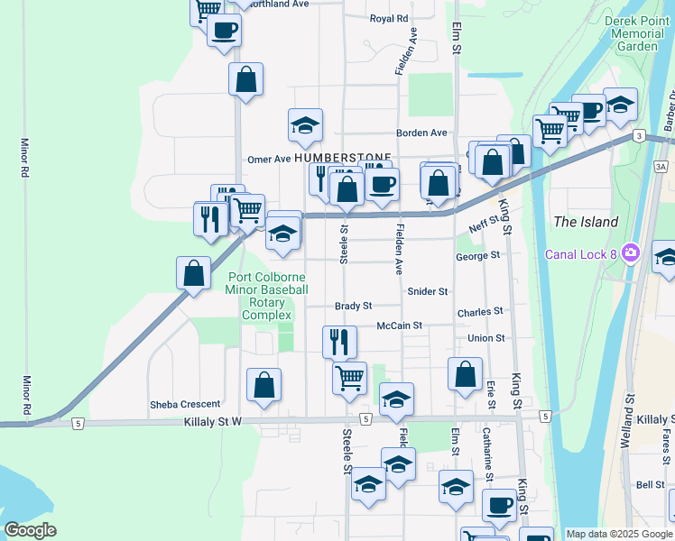 map of restaurants, bars, coffee shops, grocery stores, and more near 162 Highland Avenue in Port Colborne