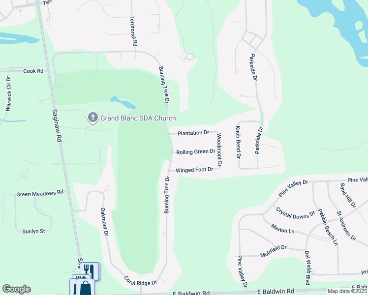 map of restaurants, bars, coffee shops, grocery stores, and more near 6017 Rolling Green Drive in Grand Blanc