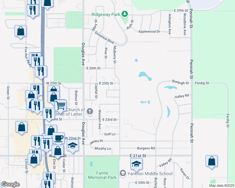 map of restaurants, bars, coffee shops, grocery stores, and more near 2405 Mulberry Street in Yankton