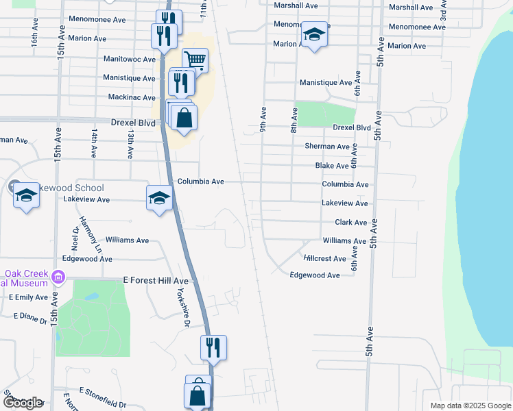 map of restaurants, bars, coffee shops, grocery stores, and more near 3502 9th Avenue in South Milwaukee