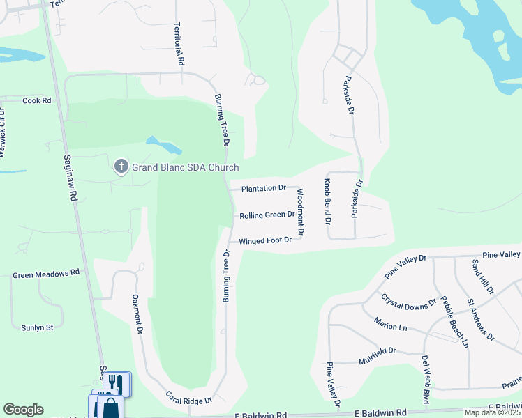 map of restaurants, bars, coffee shops, grocery stores, and more near 6017 Rolling Green Drive in Grand Blanc
