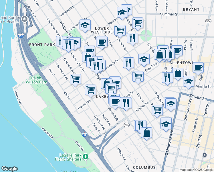 map of restaurants, bars, coffee shops, grocery stores, and more near 461 Niagara Street in Buffalo
