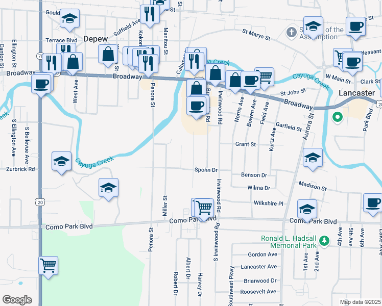 map of restaurants, bars, coffee shops, grocery stores, and more near 44 Conway Street in Depew