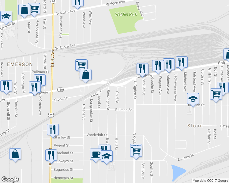 map of restaurants, bars, coffee shops, grocery stores, and more near 437 Benzinger Street in Buffalo