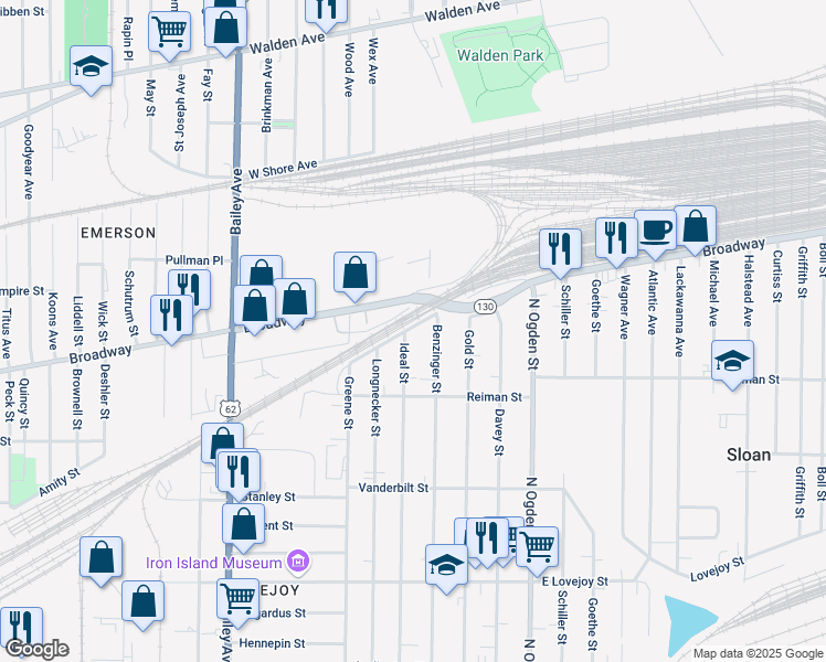 map of restaurants, bars, coffee shops, grocery stores, and more near 75 King Street in Buffalo