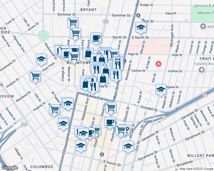 map of restaurants, bars, coffee shops, grocery stores, and more near 421 Franklin Street in Buffalo