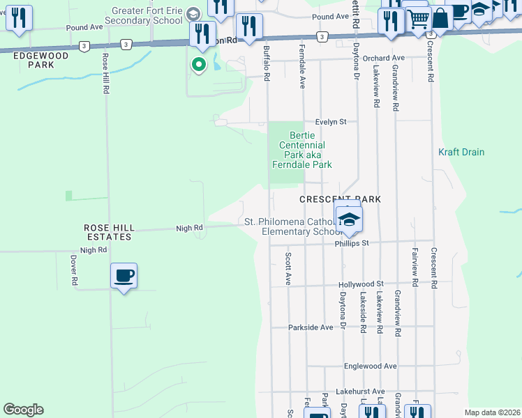 map of restaurants, bars, coffee shops, grocery stores, and more near 783 Buffalo Road in Fort Erie