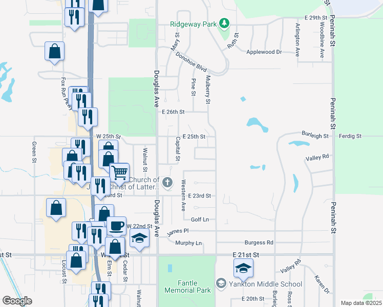 map of restaurants, bars, coffee shops, grocery stores, and more near 2403 Western Avenue in Yankton