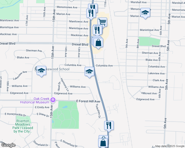 map of restaurants, bars, coffee shops, grocery stores, and more near 3424 Wisconsin 32 in South Milwaukee